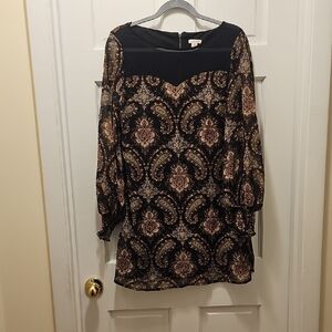 Xhilaration Black and Tan Paisley Long Sleeve Dress
